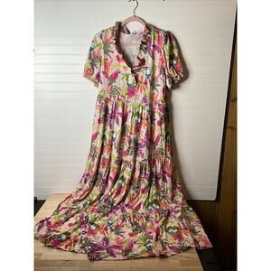 Women's M Crown & Ivy Colorful Pink Dress Puff Sleeve Tropical Floral Bird